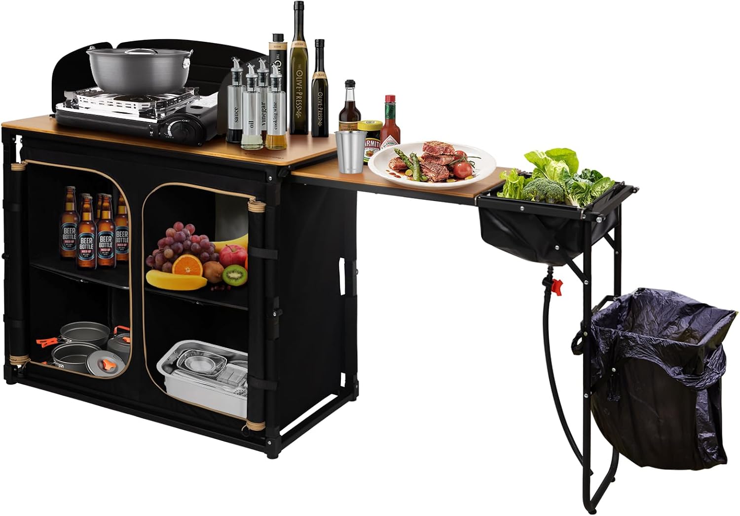 Camping Cooking Table With Windshield - Bambus-Campingküchenstation, klappbarer Overland-Campingtisch mit Haken, tragbarer