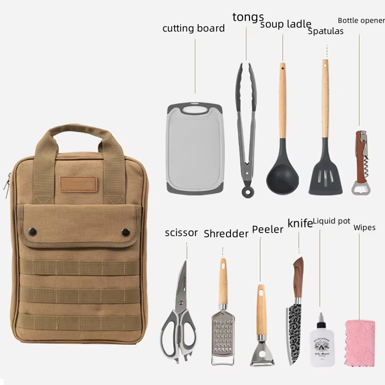 Camping Cooking Utensil Organizer - Camping-Kochutensilien-Set, 12-teiliges tragbares Kochgeschirr-Organizer-Set, Geschirr-Aufbewahrungstasche für