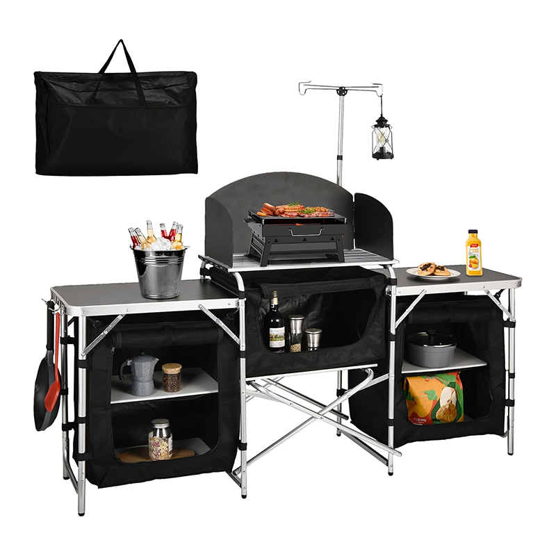 Camping Cooking Table With Windshield - Maßgeschneiderter, vielseitiger 3-Schrank-Esstisch mit abnehmbarer Windschutzscheibe,