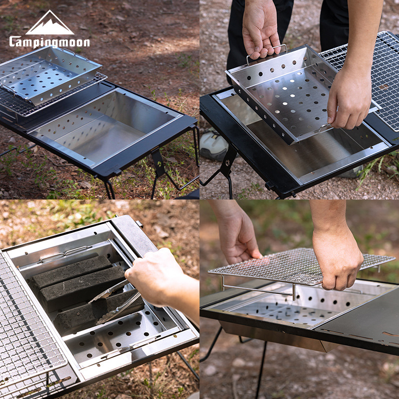 Camping Cooking Table With Windshield - CAMPINGMOON UG-1 IGT Carbongrill, winddichter Grillofen,