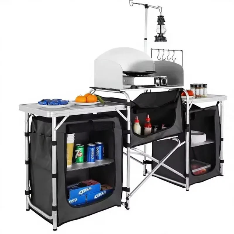 Camping Cooking Table With Windshield - Großhandel Große Aluminium-Outdoor-Camping-Küchenstation mit Aufbewahrungsschränken, Klappbarem
