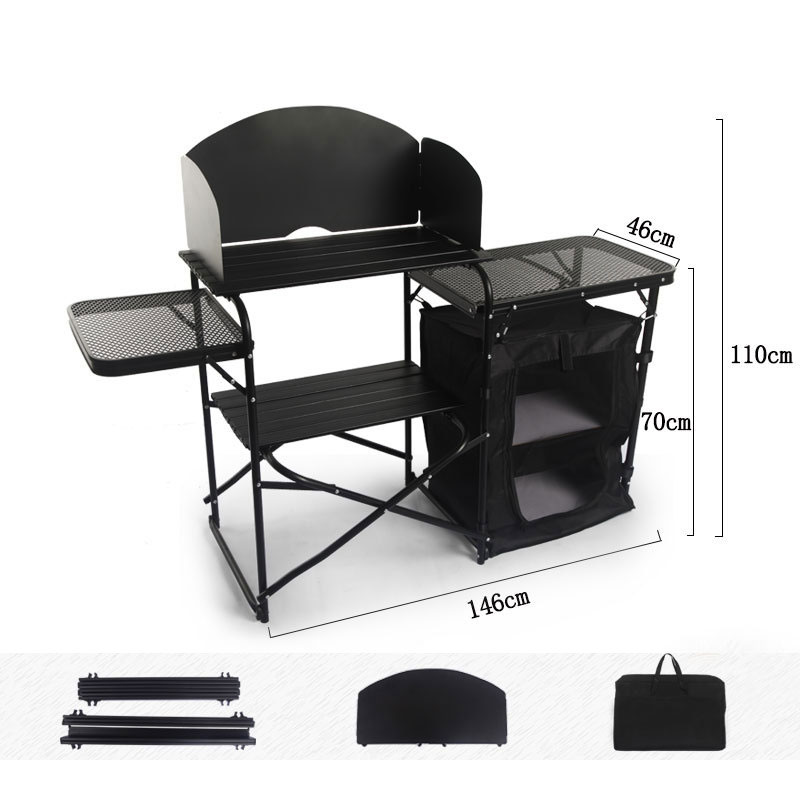 Camping Cooking Table With Windshield - Fabrik-Großhandel Tragbarer Outdoor-Klappküchentisch Aluminium-Camping-Kochstation mit Stauraum